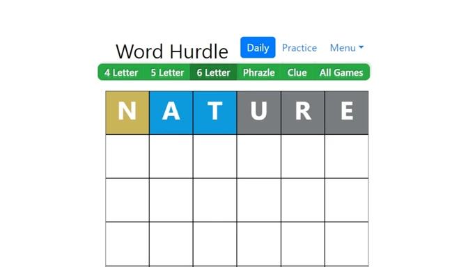 Screenshot of Word Hurdle with a close up on the first line input Nature
