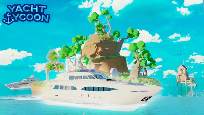 A promo photo of Yacht Tycoon shows a boat in front of an island.