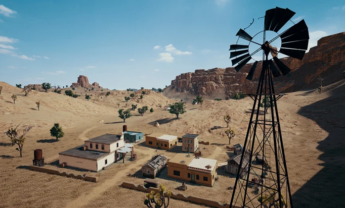 PUBG Battlegrounds Desert Map screenshot showing a small settlement