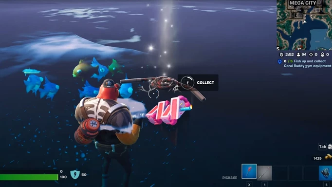 Collecting Coral Buddy gym equipment from a Fishing Spot in Fortnite