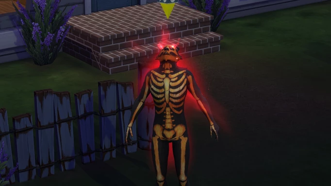 A werewolf in The Sims 4 Werewolves who is dressed in a skeleton outfit