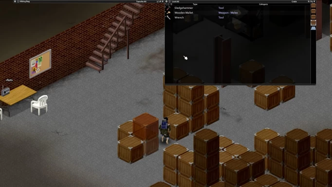 Project Zomboid screengrab with character surrounded by boxes