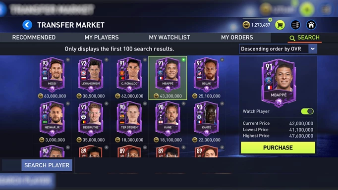 Screenshot of the FIFA Mobile marketplace