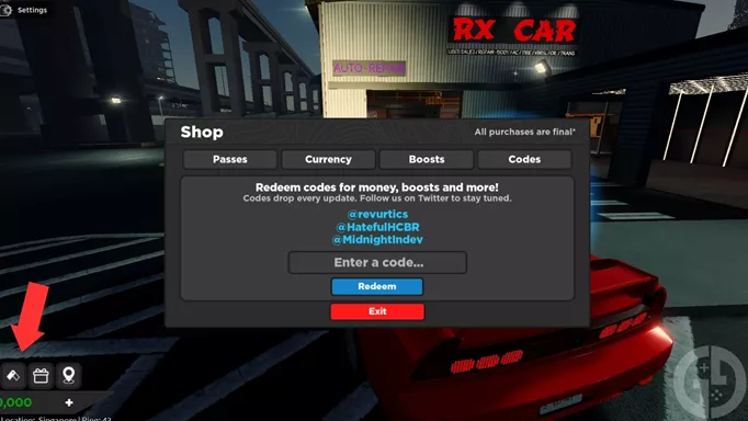 The code redemption screen for Roblox Midnight Chasers Highway Racing