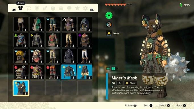 Image shows an in-game description of the Miner's Mask and the full Miner's Armour set in Zelda: Tears of the Kingdom