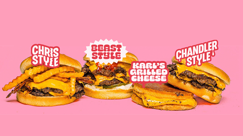 A collection of items from MrBeast Burger, featuring the Chris Style burger, the Beast style burger, the Chandler style burger, and Karl's Grilled Cheese.