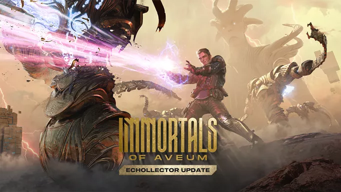 Key art for the new Echollector Update of Immortals of Aveum, featuring Jack blasting holes through foes.