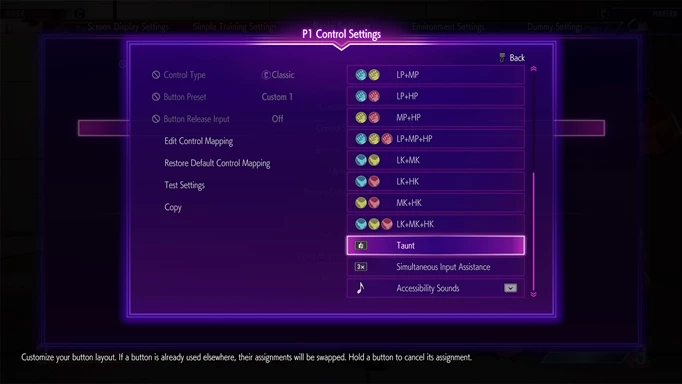 Remapping the taunt input in the controls menu in Street Fighter 6