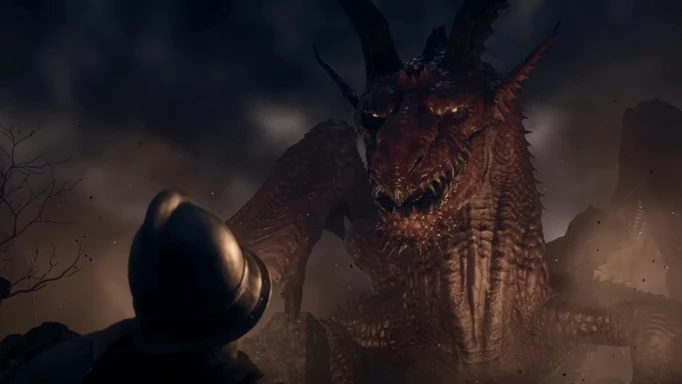 A dragon faces a soldier in Dragon's Dogma 2.
