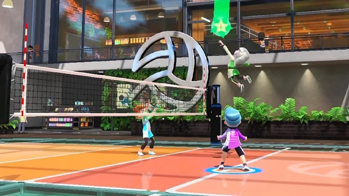 A Sportsmate prepares to spike in Nintendo Switch Sports volleyball.