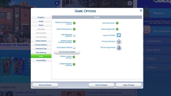 Game options to enable mods in The Sims 4