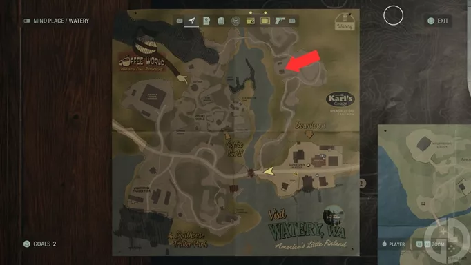 A map showing Watery and the location of the crossbow in Alan Wake 2