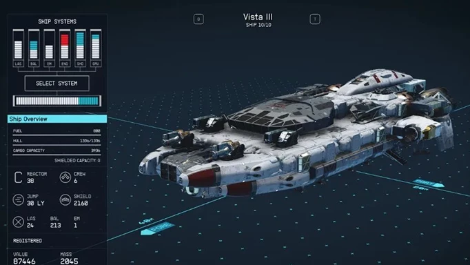 The Vista III ship in Starfield showing its class and stats