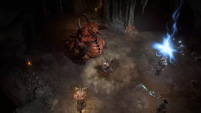 Ход бета-тестирования Diablo 4: скриншот игроков, сражающихся с большим монстром