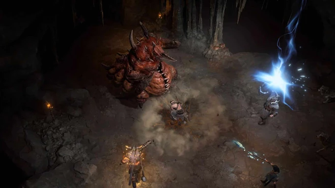 Diablo 4 beta progress: A screenshot of players fighting a large monster