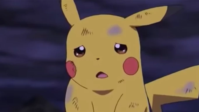 Pikachu looking sad and beat-up in the Pokemon anime.