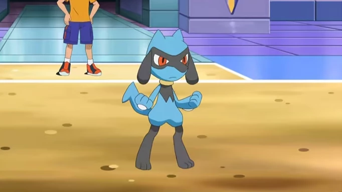 Riolu, standing ready to fight in the Pokemon anime.