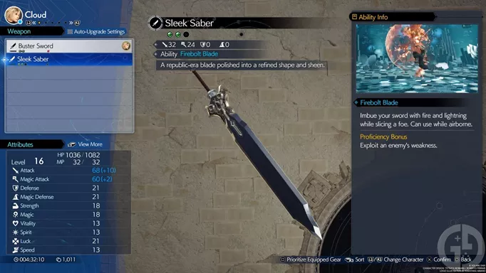 The Sleek Sabre with it's Firebolt Blade ability in Final Fantasy 7 Rebirth