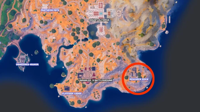 The location of Research Rock marked on the map