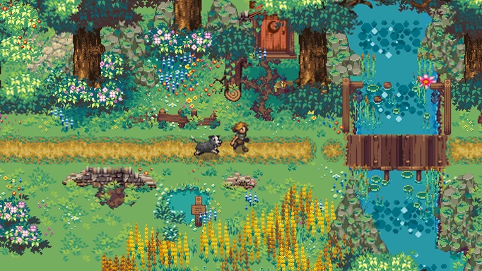 The player and their dog wander down a forest path toward a bridge Kynseed