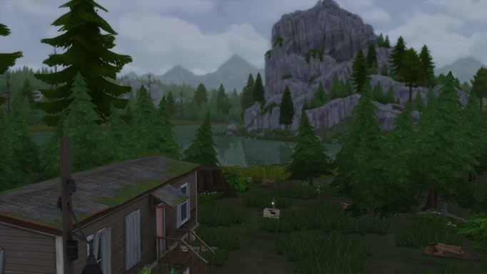 The Sims 4 Werewolves outside scene showing a mountain and cabin