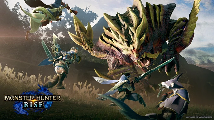 Key art of Monster Hunter Rise showing a large spiked monster and four hunters