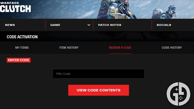 The codes webpage menu for Warface