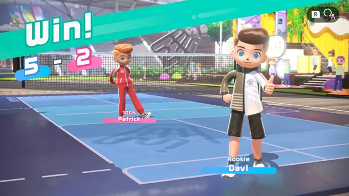 The victory screen in Nintendo Switch Sports badminton.