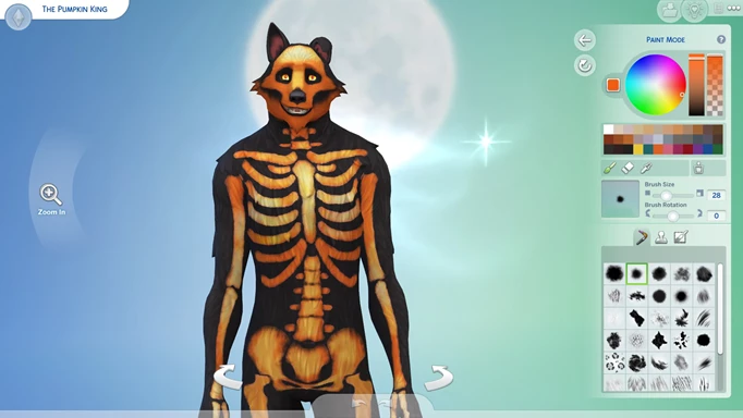 A character in The Sims 4 werewolves showing a werewolf with a skeleton costume on