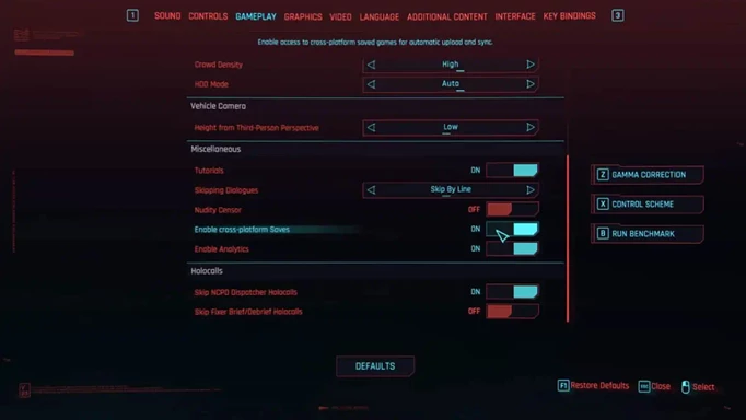 The Cyberpunk 2077 cross progression setting in the menu