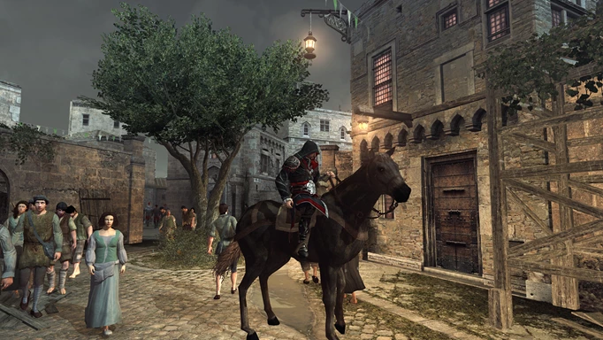 Ezio riding a horse in Rome in Assassin's Creed Brotherhood