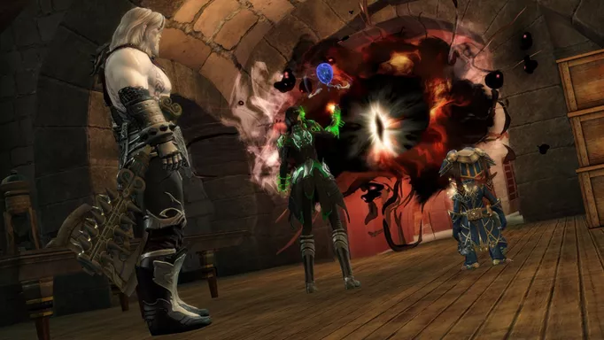 Several characters investigating a spooky anomaly in Guild Wars 2 Secrets of the Obscure