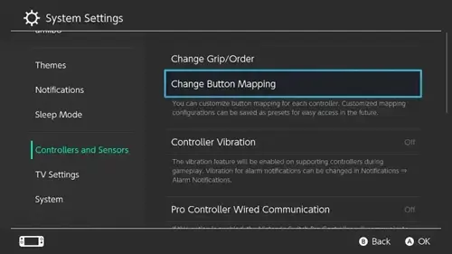 an image of the Nintendo Switch Settings menu, showing the Change Button Mapping option