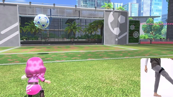 The Nintendo Switch Sports soccer Shootout mode, which is compatible with the Leg Strap accessory.
