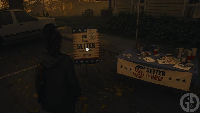 Saga Anderson stares at a Mayor Setter campaign table in Alan Wake 2