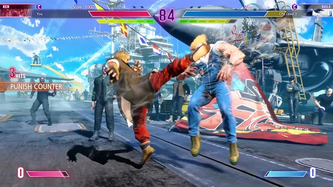 Ken kicking Guile in the face in Street Fighter 6