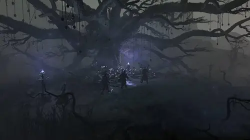 Player characters walking under a large spooky tree in Diablo 4