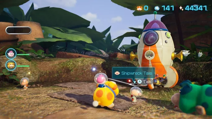 Olimar waits by his shop to tell you his Shipwreck Tale in Pikmin 4