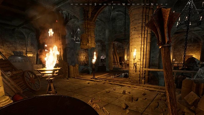 Dark and Darker on console: A player wielding a mace and shield makes their way through a dungeon