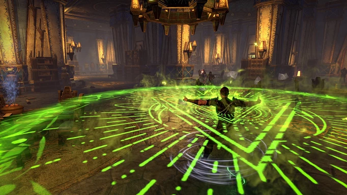 ESO Necrom Arcanist casting a wide-arcing spell