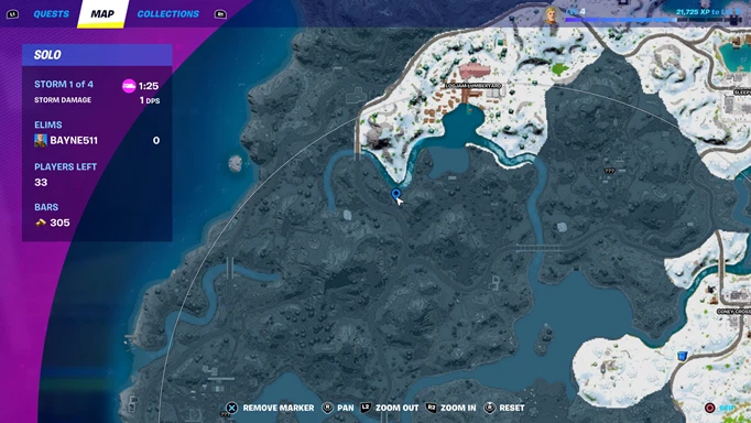 A map showing where to find the Boom Sniper Fortnite.