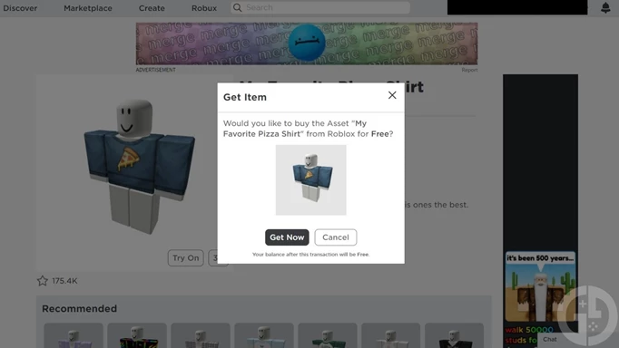 The code redemption screen to get shirt IDs in Roblox