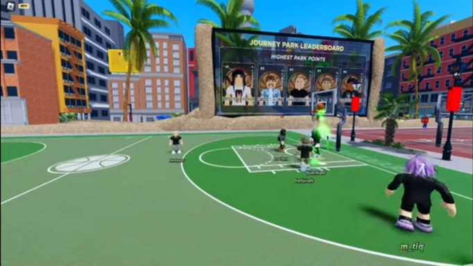 Characters playing basketball on an outdoor court