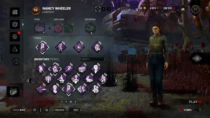 Screenshot from DbD showing some of the best Perks with Survivor Nancy Wheeler