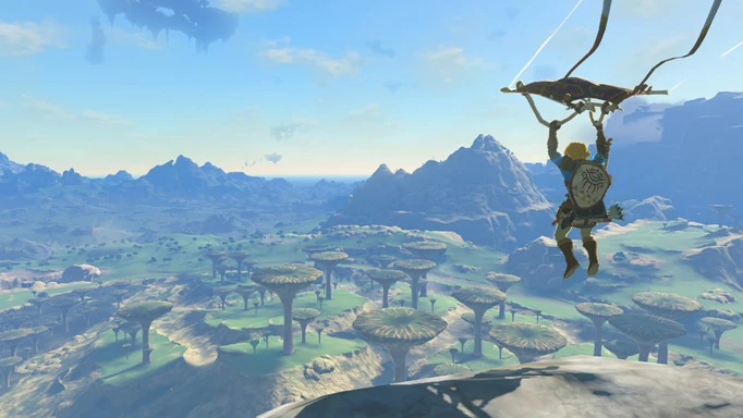 Legend of Zelda Tears of the Kingdom screenshot showing Link using a paraglider