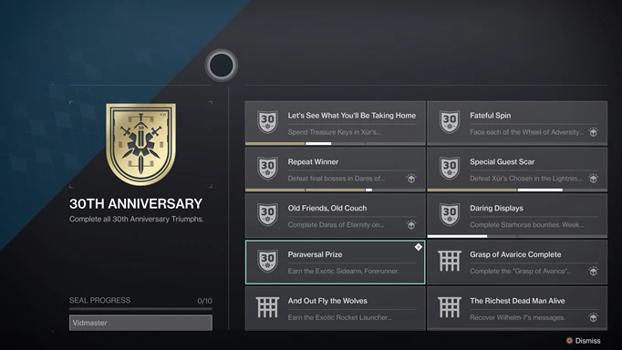 Destiny 2 They Fearful Symmetry is earned by playing the 30th Anniversary Triumphs.