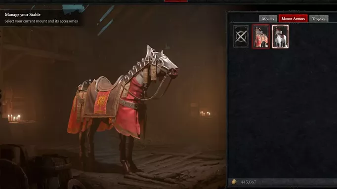 The stable management scree in Diablo 4 where you can equip Mount Armour