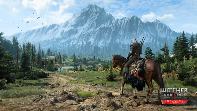 A gameplay screenshot of The Witcher 3 with Geralt on his horse in Skellige