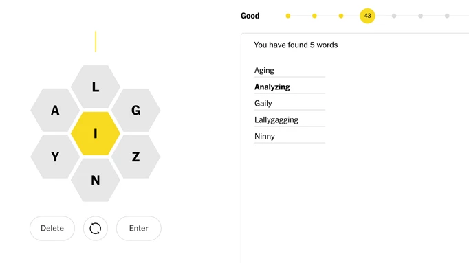 Screenshot showing the game board for NYT Spelling Bee