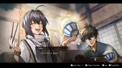 Artwork for a visual novel scene in Fate/Samurai Remnant with Saber and Iori